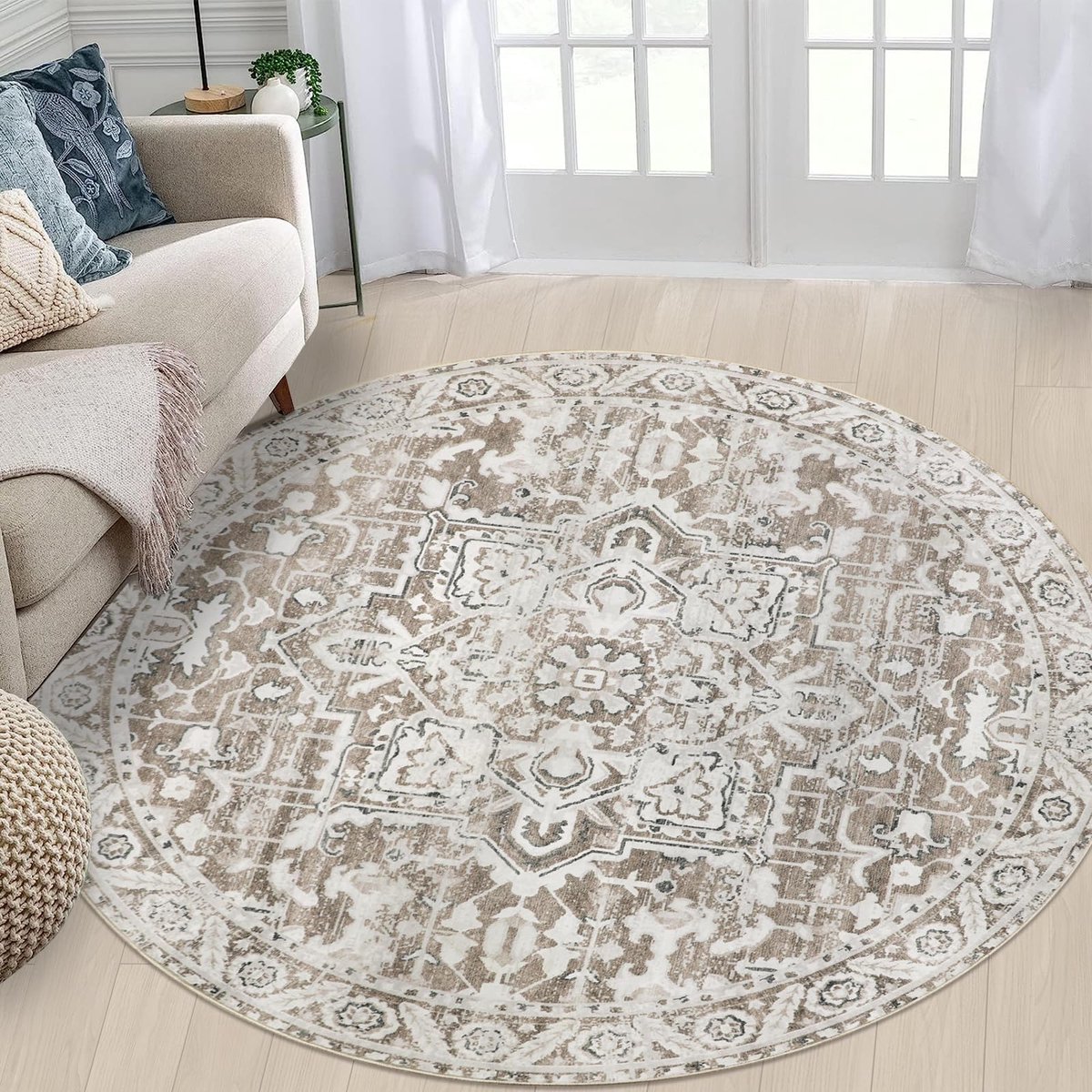 Rond, 160 cm, wasbaar, slaapkamer, laagpolig, beige-bruin, zacht, vintage, antislip