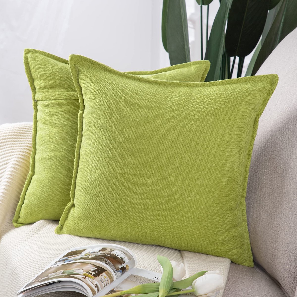 Madizz Set van 2 korte chenille sierkussenhoezen, zachte sierkussenhoes voor bank, slaapkamerkussenhoes, groen, 60 x 60 cm vierkant
