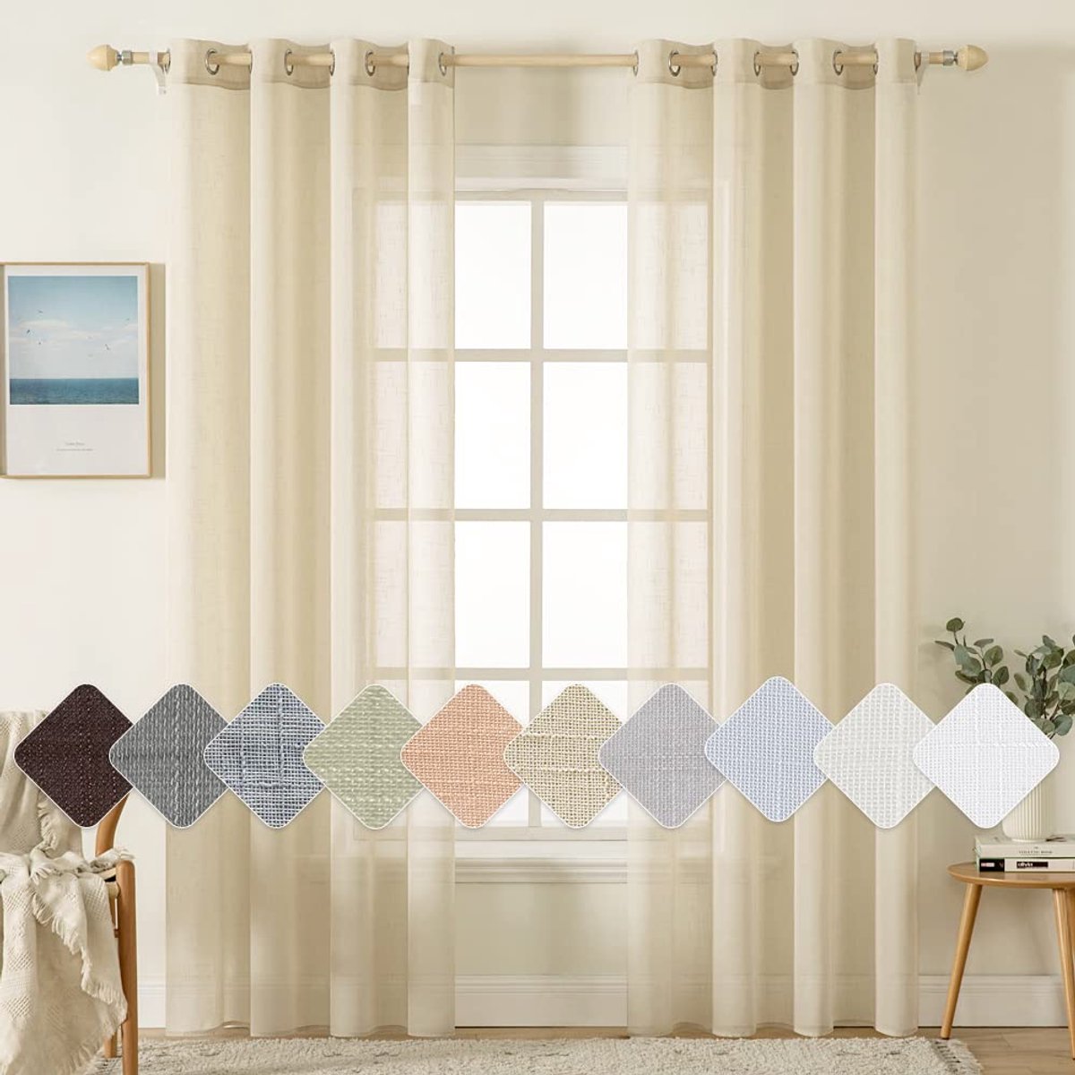 Set van 2 voile-gordijnen, met oogjes, transparant linnenlook, gordijn met ogen, voor woonkamer, luchtig, lichtdoorlatend, decoratief gordijn voor de slaapkamer, 140 x 245 cm (b x h), beige