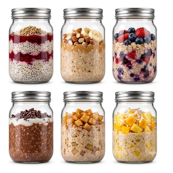 Zes glazen potten met verschillende overnight oats: met fruit, noten en chocolade.
