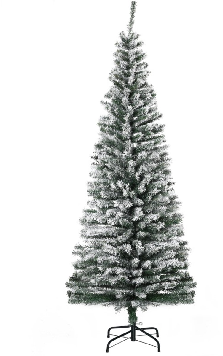 MEUNIQ kunstmatige kerstboom 180 cm met sneeuw, slanke pencil kerstboom met 492 takpunten en metalen voet, voor binnen in woonkamer of hal, groen