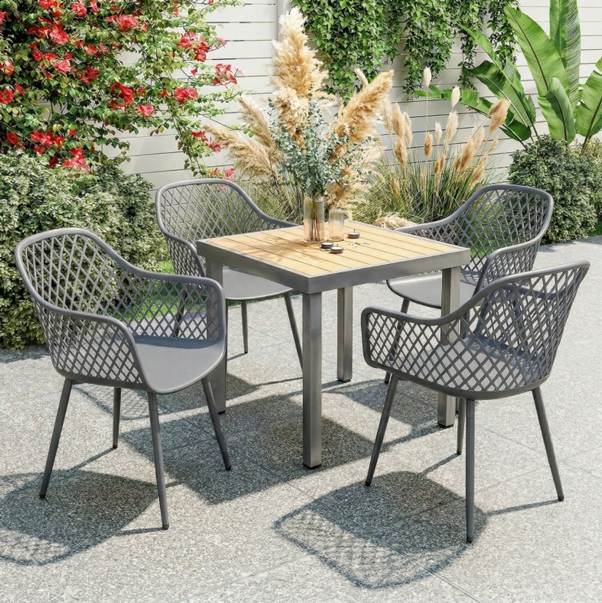MEUNIQ set van 4 kuipstoelen in donkergrijs met armleuningen, metalen onderstel, 84 cm hoog, geschikt voor tuin, terras, balkon en eetruimte Dark Gray