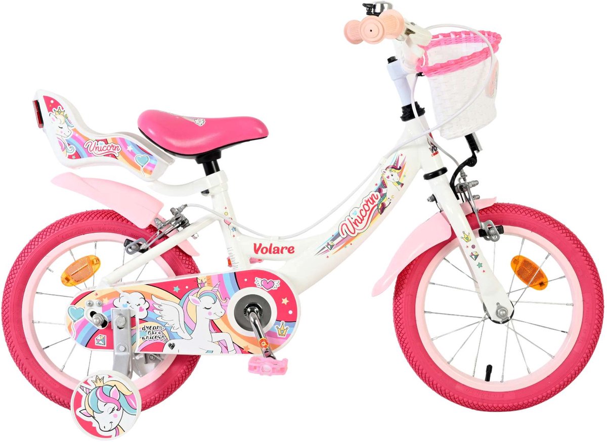 Volare Unicorn Kinderfiets - Meisjes - 14 inch - Wit - Twee Handremmen