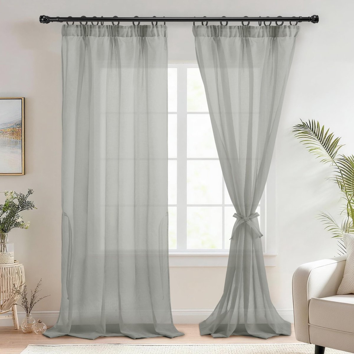 Voile gordijnen met plooiband, linnenlook, 2 stuks, halftransparant, voor woonkamer, doorzichtige gordijnen, extra lang, grijs, 260 x 140 cm (hoogte x breedte)