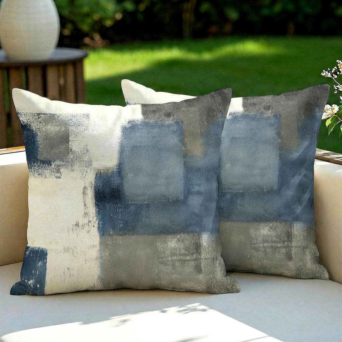 Set van 2 outdoor kussenhoezen, 40 x 40 cm, wit-blauw, waterdicht, olieverfschilderij, sierkussen, vintage landelijke stijl, decoratieve kussenhoezen, zomer, bankkussens voor tuin, bank