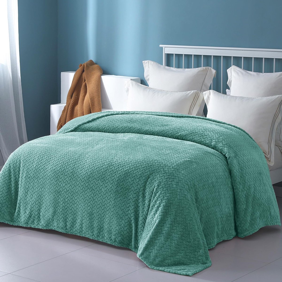 Mezcla Fleece King Size deken voor bed, 228 x 251 cm zachte, gezellige jacquard flanellen dekens, lichtgewicht donzig pluche voor vrouwen, Celadon