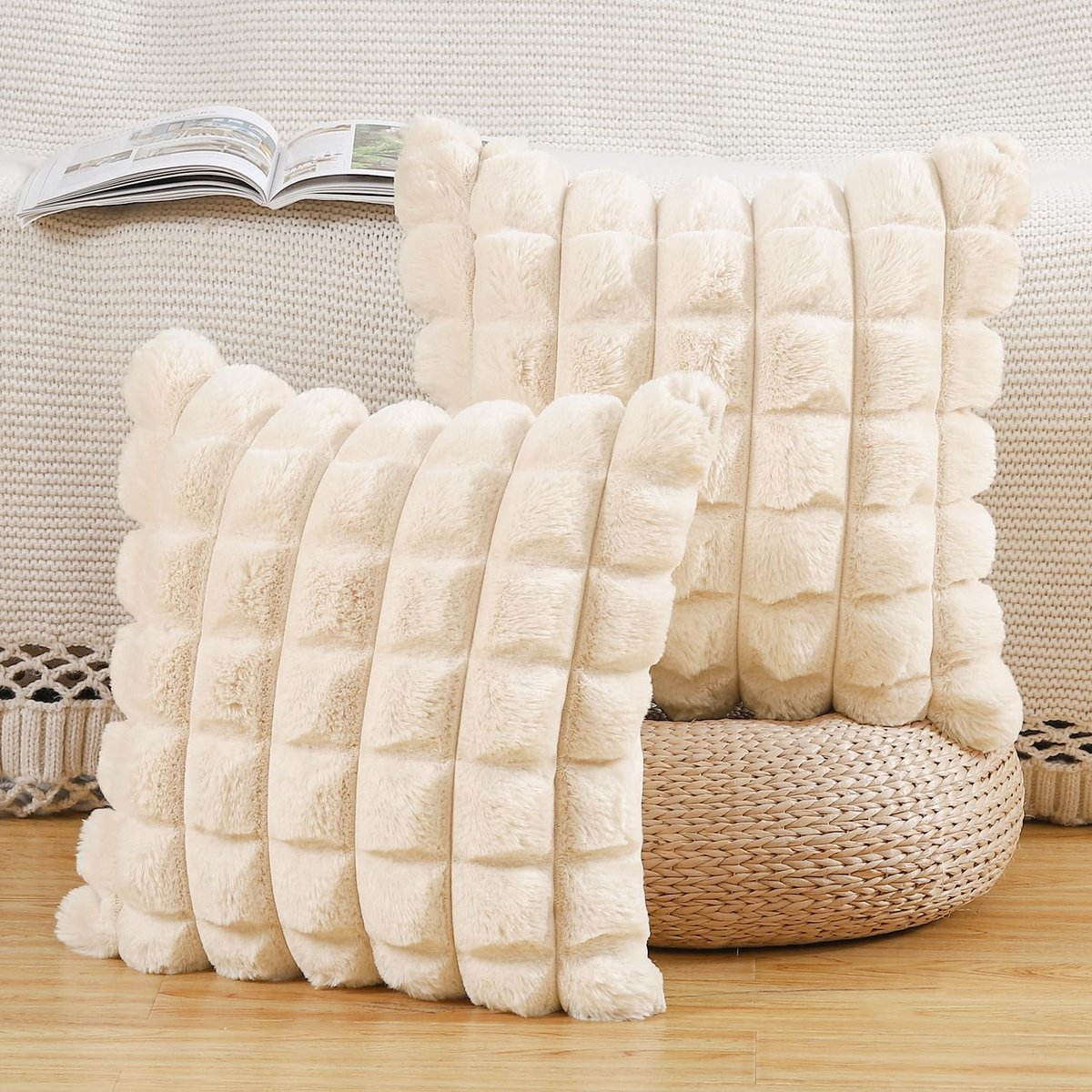 Set van 2 Pluche Faux Wol decoratieve kussenslopen zachte decoratieve kussenhoes voor bank slaapkamer kussensloop 45x45 cm Beige