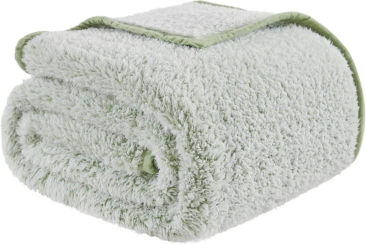 Sherpa deken - ultrazachte warme bed- en bankdeken, 152 x 203 cm, microvezel, omkeerbaar, lichtgewicht en donzig, saliegroen