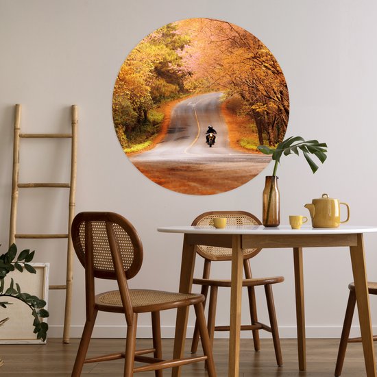 WallCircle® - Behangcirkel 100x100 cm - Muurstickers Motor - Weg - Herfst - Muurcirkel woonkamer - Wandcirkel slaapkamer - Kamer decoratie zelfklevend - Muurdecoratie accessoires XXL