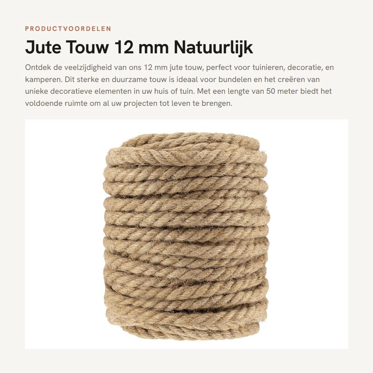 Dailygoods- Jute Touw 12 mm - Gedraaid Natuurlijk Jute Touw - Sterk en Duurzaam - Voor Tuinieren/Decoratie - 50 m Lengte - Slijtvast en Elegant - Tuin Touw