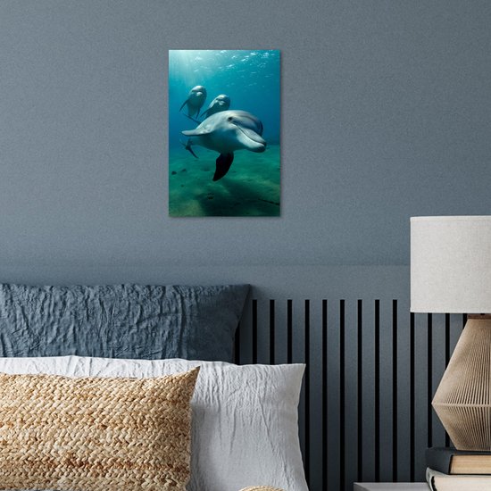 Trois dauphins nagent sous l'eau dans une eau bleue avec des rayons de soleil, accrochés à un mur au-dessus d'un lit.