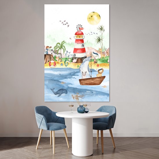 Poster kinderen - Wanddecoratie jongens - Strand - Dieren - Kinderen - Vuurtoren - Poster kinderkamer - 120x180 cm - Decoratie kinderkamers - Kinderkamer decoratie - Poster Babykamer — afbeelding 2