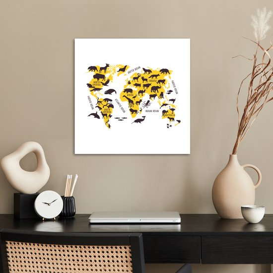 Décoration murale - Wereldkaart - Animaux - Jaune - 50x50 cm - Affiche