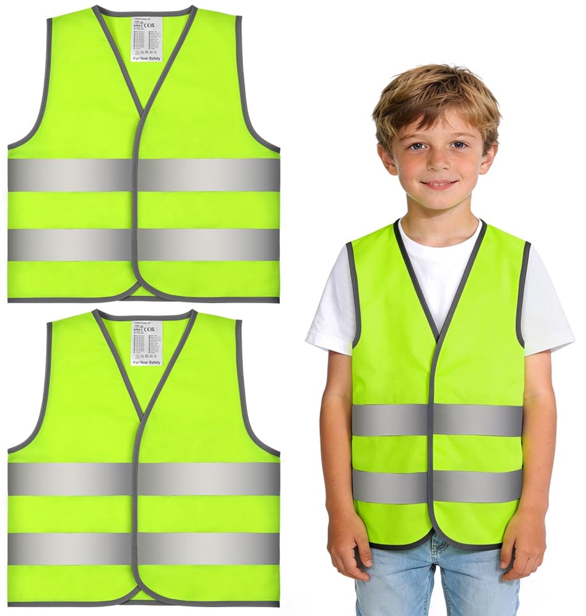Veiligheidsvesten voor kinderen, 2-pack, veiligheidsvesten met 360° reflecterende strepen, fietsen, voor school, sport en hardlopen. (Geel, M)