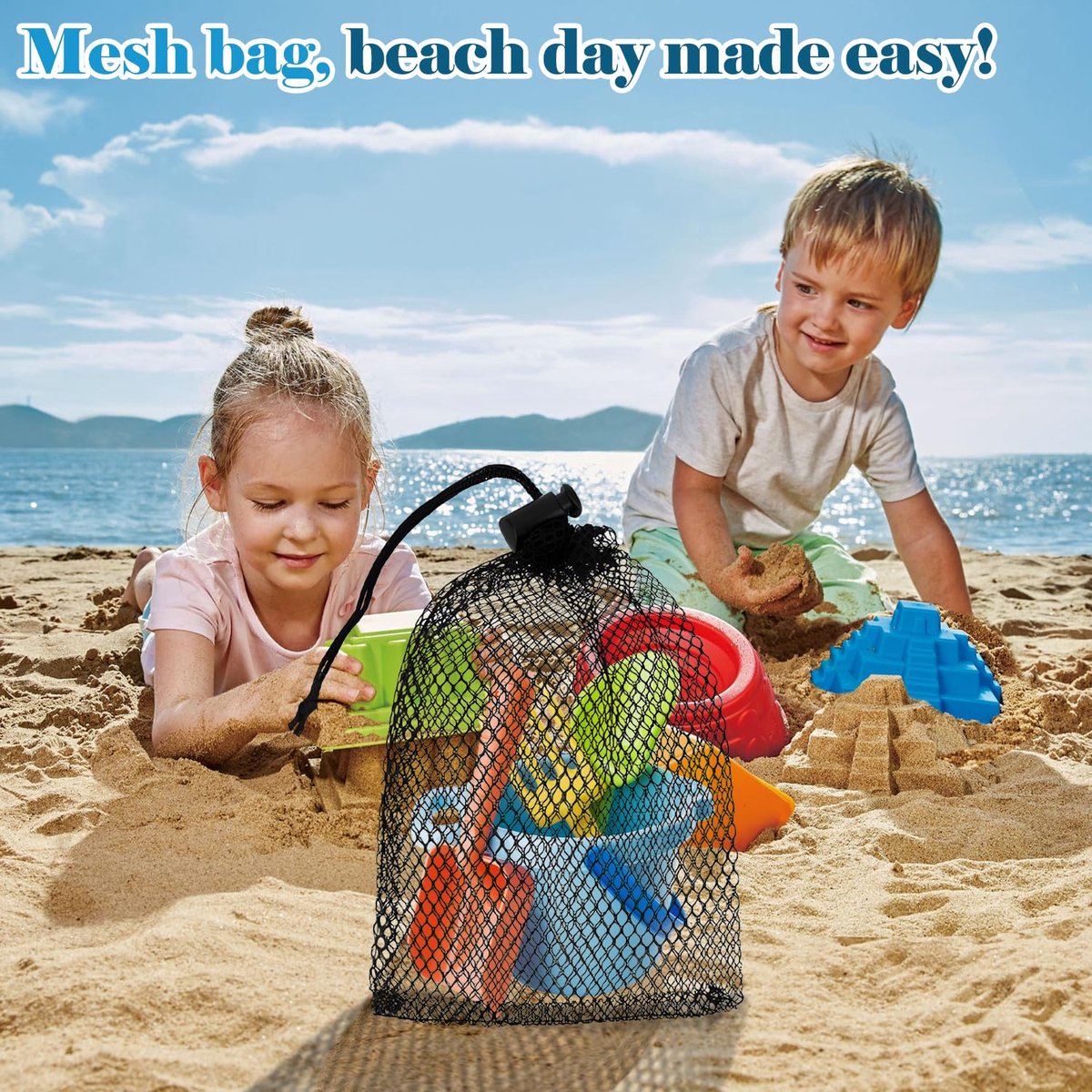 Zakjes met Trekkoord - Set van 6 stuks: 2 Groot (35x40 cm) & 4 Klein (10x15 cm) - Mesh Opbergtasjes voor Strand, Zwemmen, Speelgoed en Reizen - Zwart