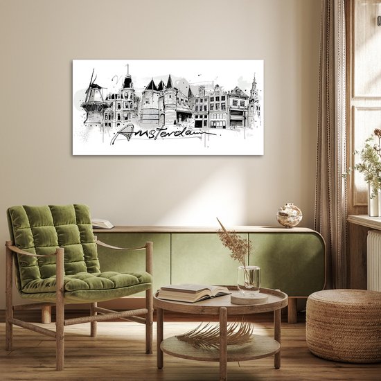 Paysage urbain monochrome d'Amsterdam avec moulin à vent et maisons de canal, avec le mot 'Amsterdam' en calligraphie élégante.