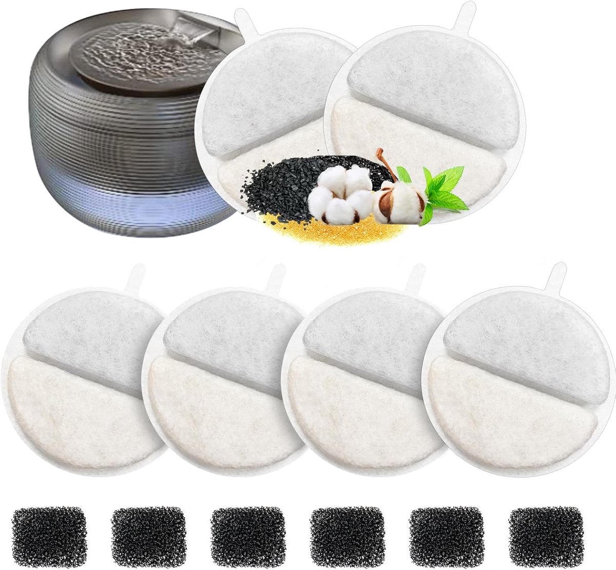6 + 6 stuks drinkfontein katten vervangingsfilters, filter kattenfontein voor 84 FL oz/2,5 l drinkfontein voor katten en honden, met koolfilter en schuimfilter (praktisch)