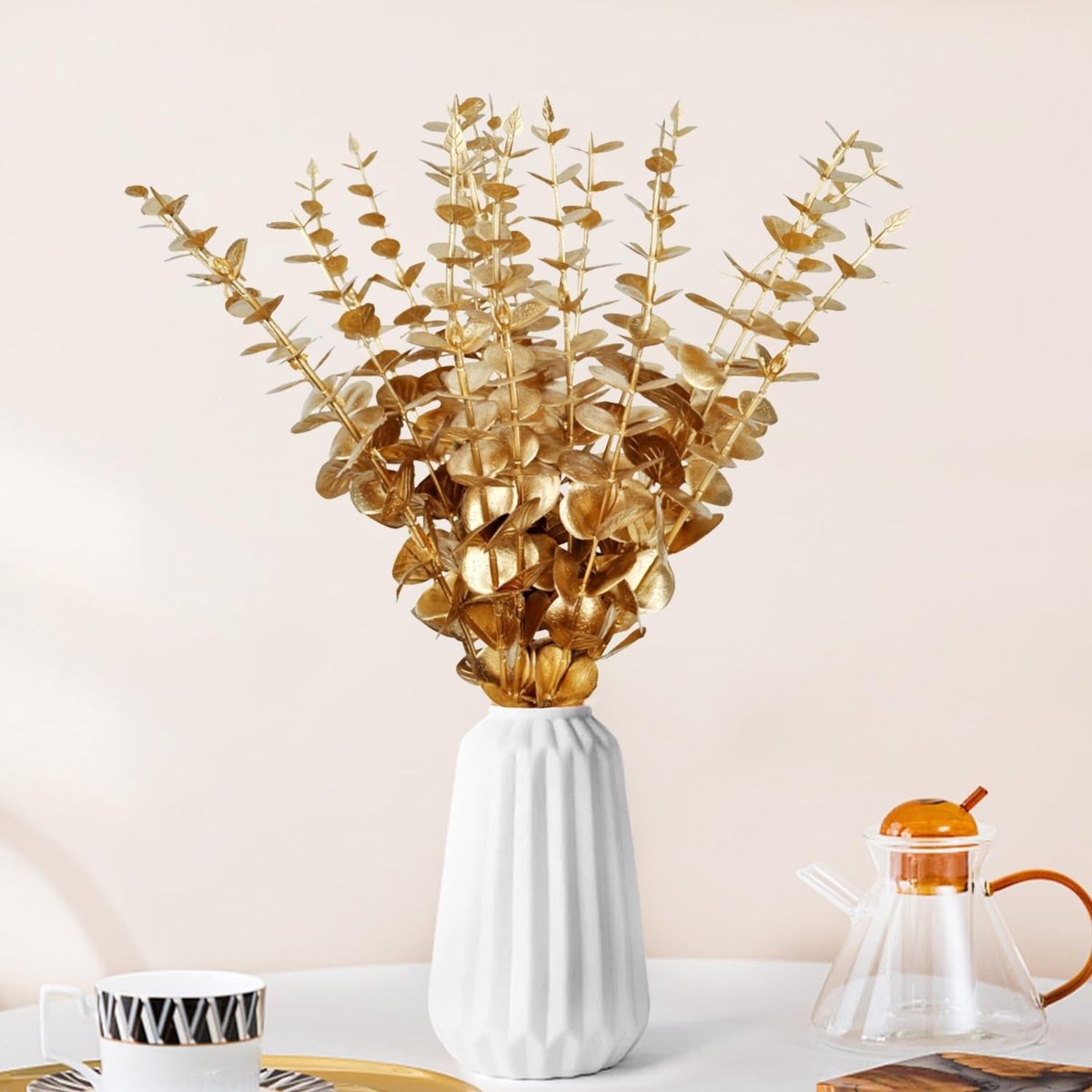 Dailygoods - 24 stuks gouden takken decoratie, gouden kunstbloemen, eucalyptus steel kunstplanten, kunstmatige eucalyptusbomen, zilveren dollar, nepplant voor bruiloften en tuinen