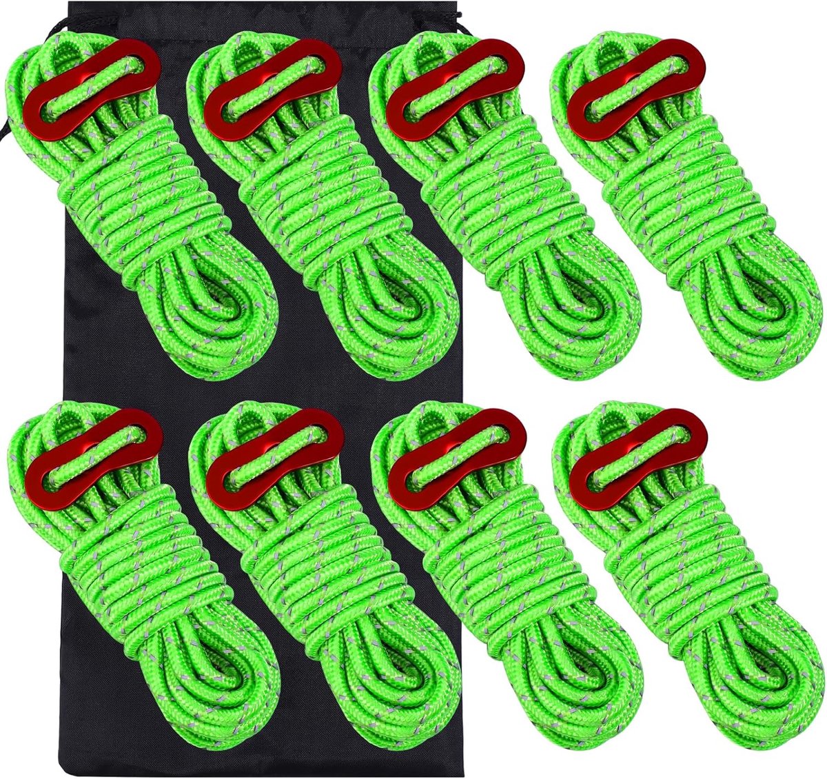 8 stuks scheerlijnen camping, Ø 4 mm koordspanner, lengte 4 m, tentlijnspanner met aluminium kabelspanner, spankabels, tent accessoires, lichtgevende stormband voor tent, kamperen, wandelen (groen)