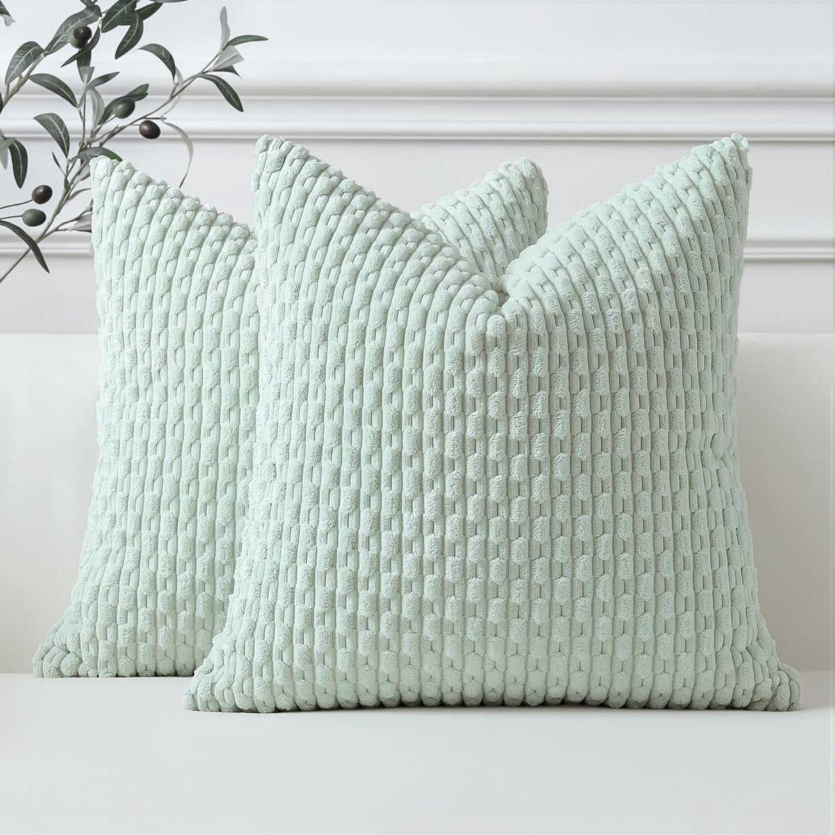 Set van 2 lichtgroene zachte corduroy decoratieve kussenhoezen boho gestreepte kussenslopen voor bank, woonkamer, terras, boerderij, woondecoratie kussenslopen 50 x 50 cm