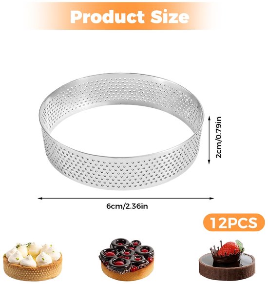 12 Stuks Mousse Tartelette Vormpjes, 8 cm Dessert Mousse Ring met Gaten, Geperforeerde Dessertringen, Mousse Tarteletvormpjes, Roestvrij Staal, voor Taarten, Gebak, Minitaarten, Minipizza's en Mu — afbeelding 5
