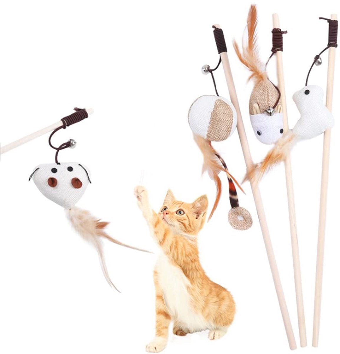 Kattenspeelgoed staaf 4 stuks katten hengel kattenspeelgoed veer interactief kattenspeelgoed set intrekbare kunstmatige veerstaaf kat speelgoed kattenhengel vervanging met klokken