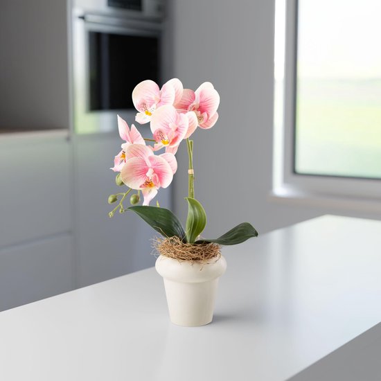 Kunstorchideeën in hoogglans keramische potten (46 cm), kunstbloemen in pot, kunstbloemen als echt, kunstorchideeën in pot (roze)