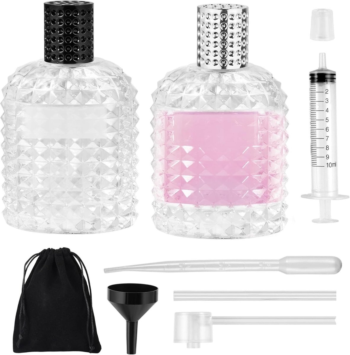 Set van 2 Lege Parfumflacons van 100ml met 7 Accessoires, Herbruikbare en Draagbare Parfumspray voor Reizen en Feestjes, Inclusief Trechter