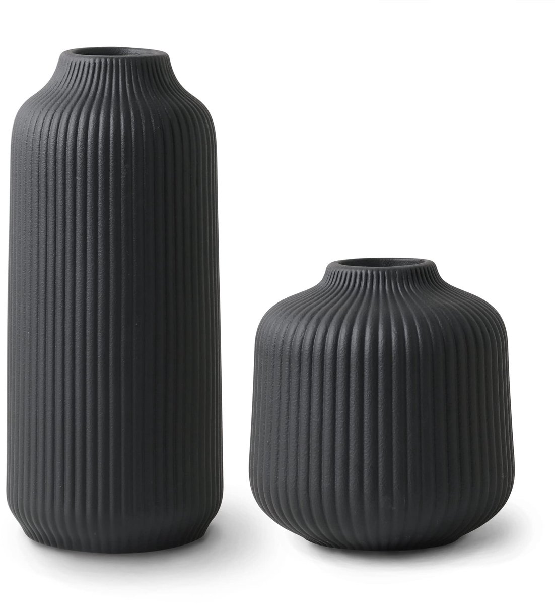Vaas met groeven, moderne decoratie voor pampasgras, boho-decoratie voor vensterbank, vazenset, zwart mat, voor verse bloemen, bloemenvaas als woondecoratie, droogbloemen, set van 2
