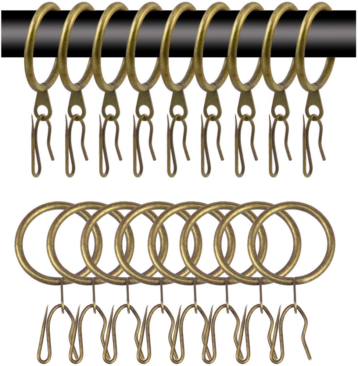 40 stuks metalen gordijngordijnringen, gordijnroede, ringen en 40 stuks metalen gordijnhaken, gordijnpennen, 30 mm binnendiameter decoratieve gordijnringen voor gordijnen en stangen (groen brons)