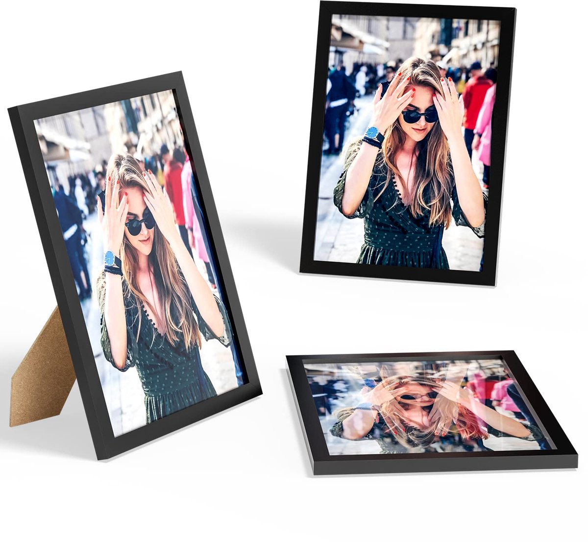Set van 3 fotolijsten (A4 21 cm x 29,7 cm) hout natuurlijk hout met onbreekbaar plexiglas, set met afneembare fotolijst, voor foto's, karikaturen, portretten, posters (zwart)
