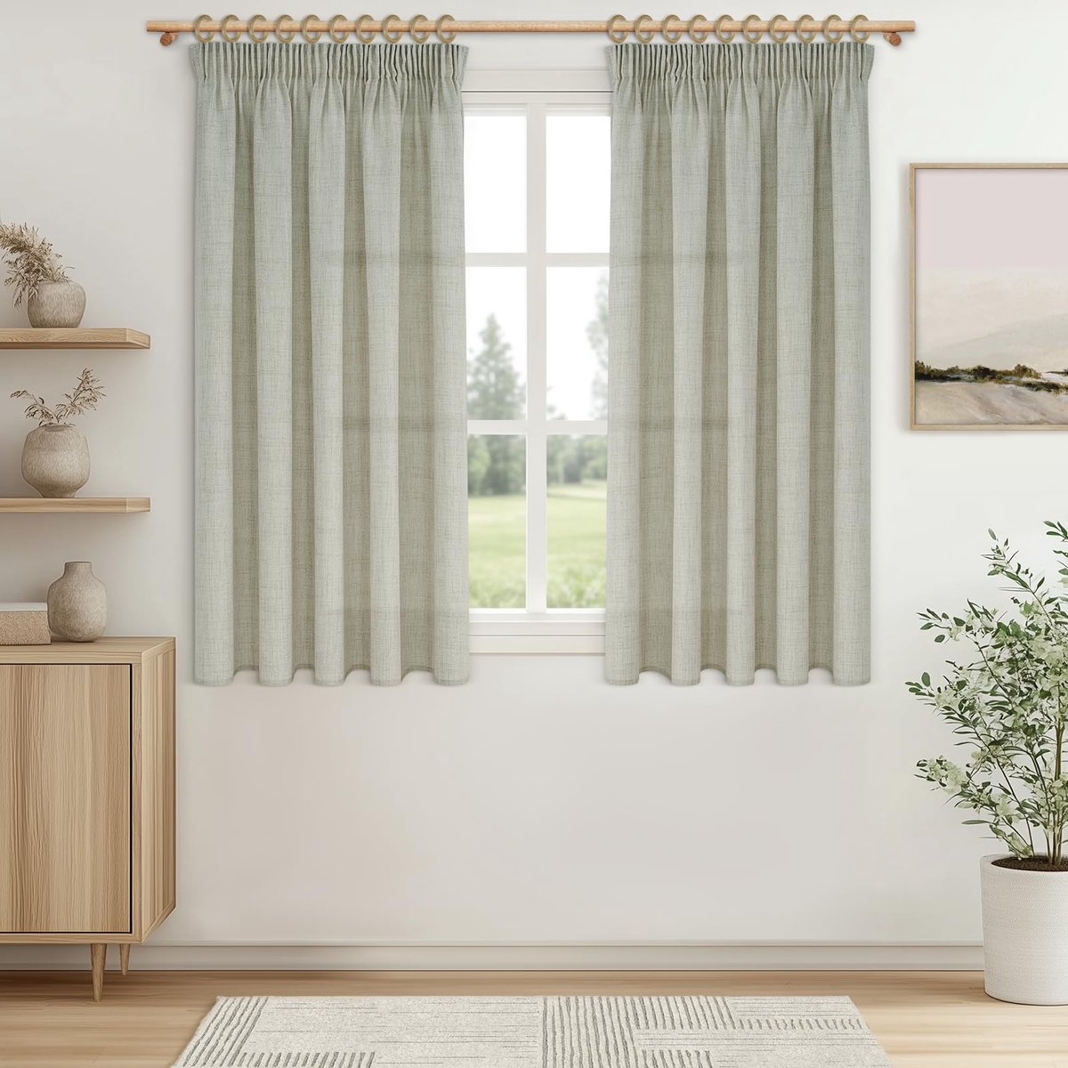 Set van 2 half-transparante gordijnen voor ramen, linnenlook, met plooiband, 150 cm lang, 140 cm breed, van linnen, voor keuken, woonkamer, slaapkamer, huisstijl