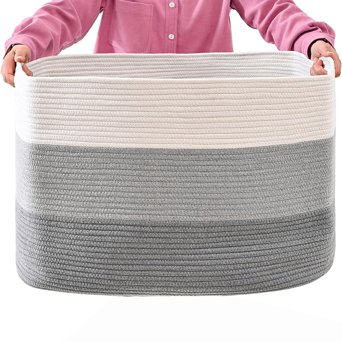 gevlochten van katoen (55 x 43 x 30,5 cm) - handgemaakte wasverzamelaar met handvat - wit en bruin - vormvaste opbergmand voor wasgoed, speelgoed en meer (grijs)