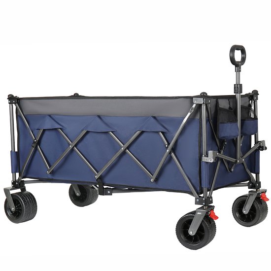 Blauwe opvouwbare handwagen, gepatenteerd 4-weg direct opbouw, 300L laadruimte, 250kg draagvermogen, verlengd 130cm, extra breed, 17x10cm all-terrain wielen. — afbeelding 2