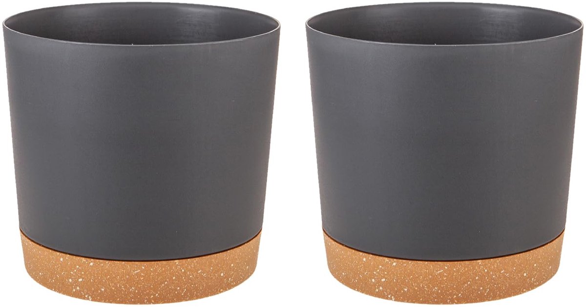 set van 2 stuks, 12 cm diameter, bloempot met onderzetter, bloempotten voor kamerplanten, plantenpot met meerdere afvoergaten, plantenpot voor binnen en buiten planten (donkergrijs)