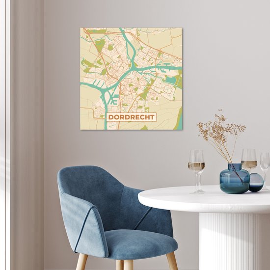 Carte murale de Dordrecht avec routes et voies navigables en orange, vert et beige.