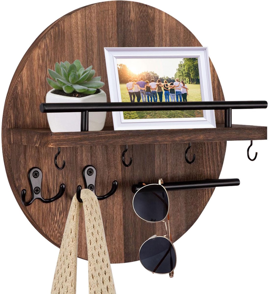 Sleutelrek met plank, vintage keyboard met opbergruimte en accessoires, decoratief houten wandrek, ronde sleutelhouder, voor woonkamer, keuken, kantoor, slaapkamer (bruin)