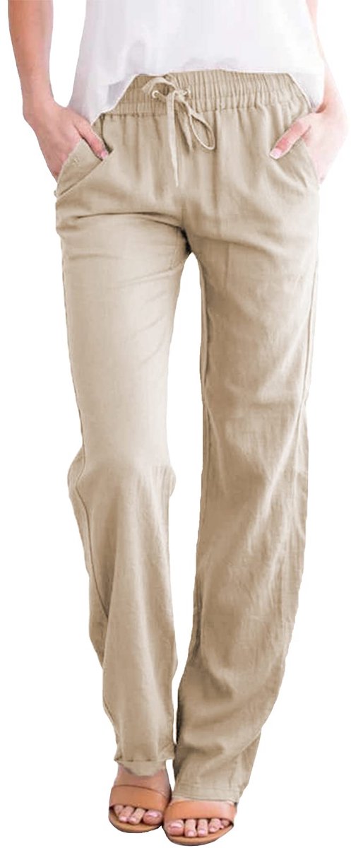 Katoenen linnen broek, zomerbroek met trekkoord en elastische taille met zakken, lichtgewicht, comfortabele, rechte broek