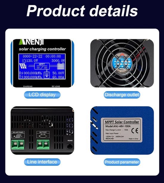 MPPT Laadregelaar – Zonnepaneel Regulator – Solar Controller – Acculader – Zonnelader – 100A Laadstroom – Automatische 12V/24V/48V Systeemherkenning