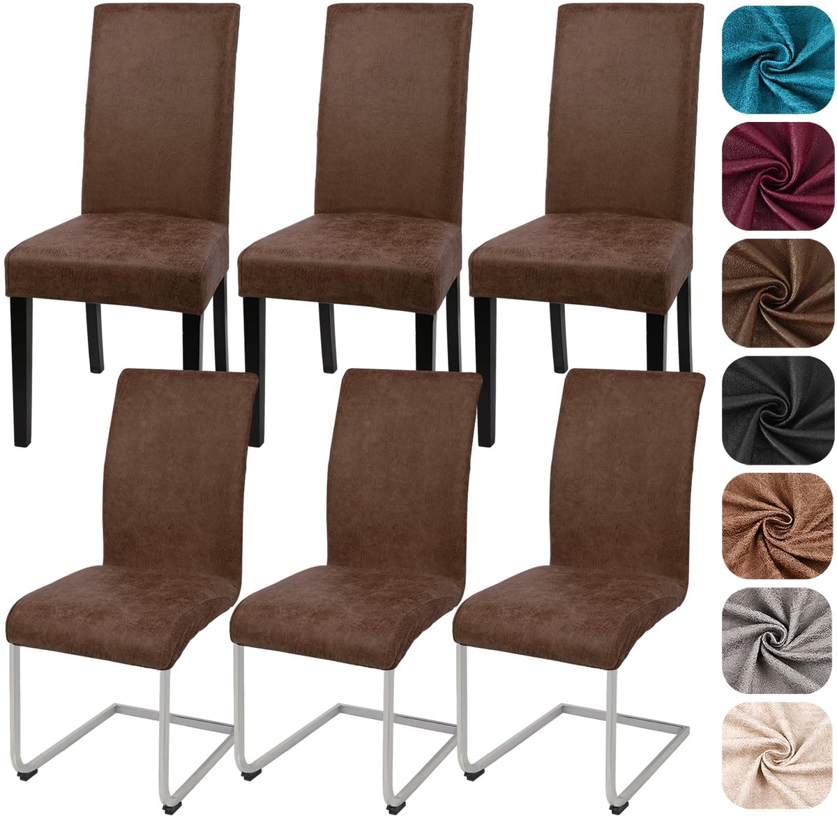 Set van 6 stoelhoezen van semi-aniline leer, rekbaar, PU-stoelhoezen voor draaistoelen, elastische hoezen voor stoelen, afneembaar, stoelhoezen voor eetkamer