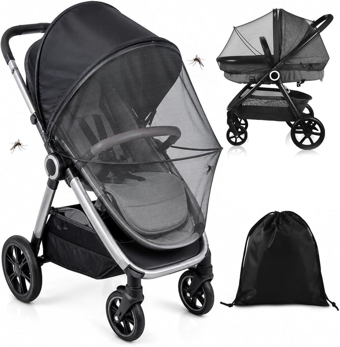 Muggennet voor kinderwagen met zonnezeil en insectenbescherming, 2-in-1 vliegennet en UV-bescherming voor buggy's en kinderwagens, ideaal voor buitenactiviteiten