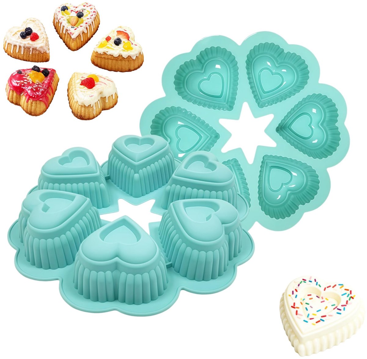 vorm hart, 6-holtes, 3D-hartvorm, cakevorm, muffinvorm, muffinvorm, liefdeshart, siliconen bakvormen voor cake, chocolade, gelei, zeep, doe-het-zelf gereedschap, blauw