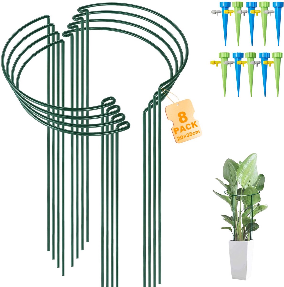 Plantenhouder metaal halfrond, 8 stuks, 20 x 35 cm | Plantenringen, rond, met 10 verstelbare irrigatievoorzieningen, voor potplanten, tomaten, rozen, pioenrozen