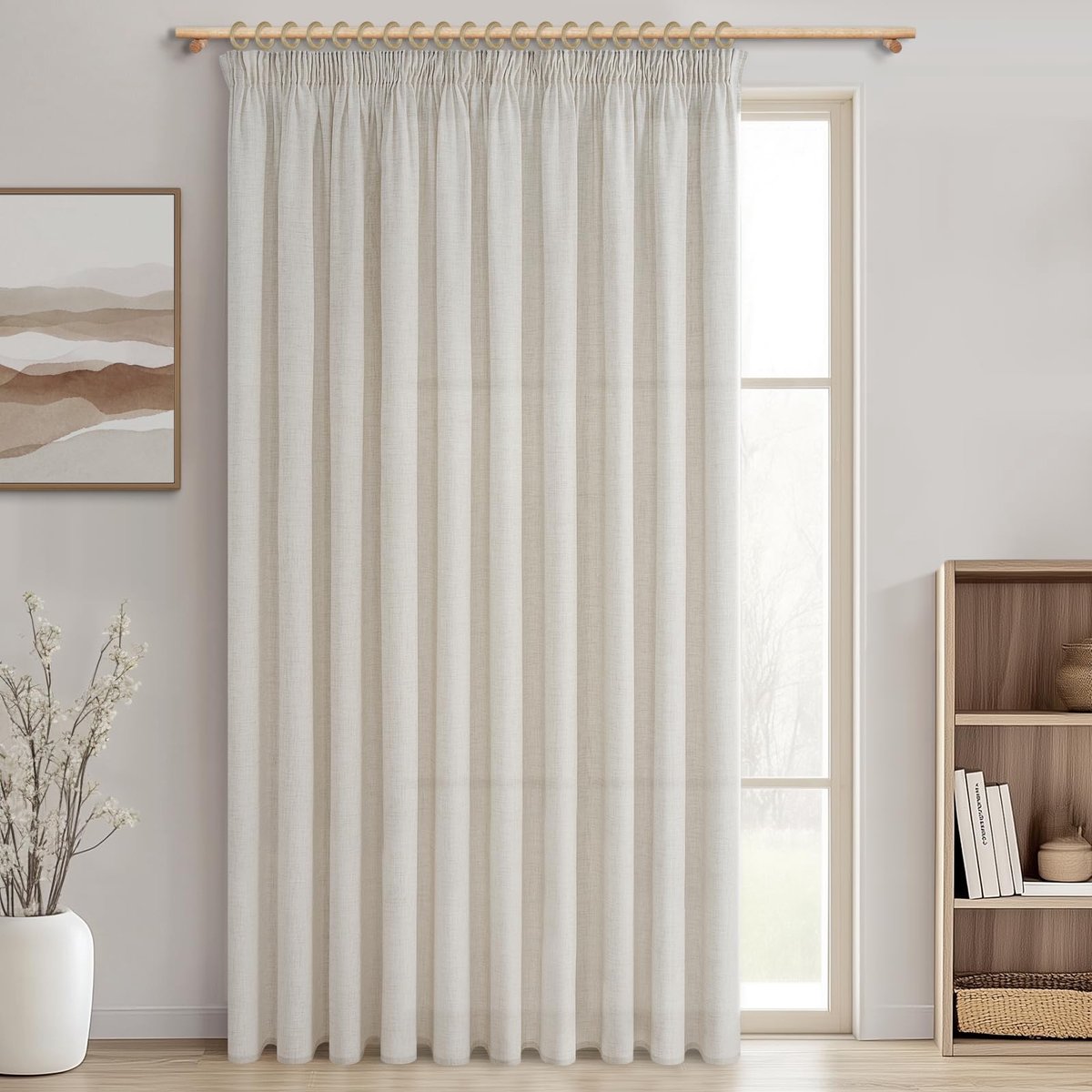 Gordijnen, linnenlook, half-transparant, voor grote ramen, woonkamer, boho-gordijn, plooiband, ivoorwit, 1 stuk, 225 cm lang, 200 cm breed, voor rails, slaapkamer