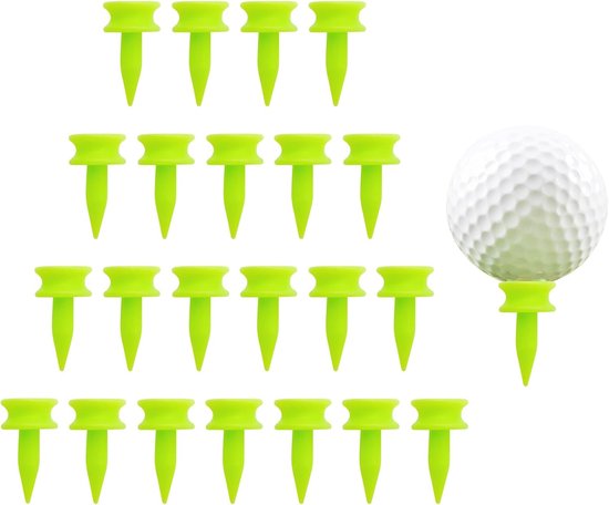 Een reeks van 20 helder groene plastic golf tees naast een witte golfbal.