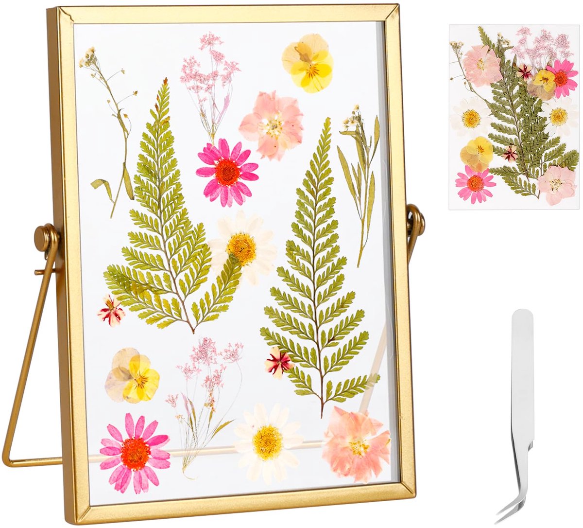 Fotolijst, 15 x 20 cm, Dubbelzijdige Gouden Fotolijst, Koperen Messing Fotolijst, Metalen Fotolijst met Geperste Bloem, Fotolijst Houder voor Festival, Bruiloft, Interieurdecoratie