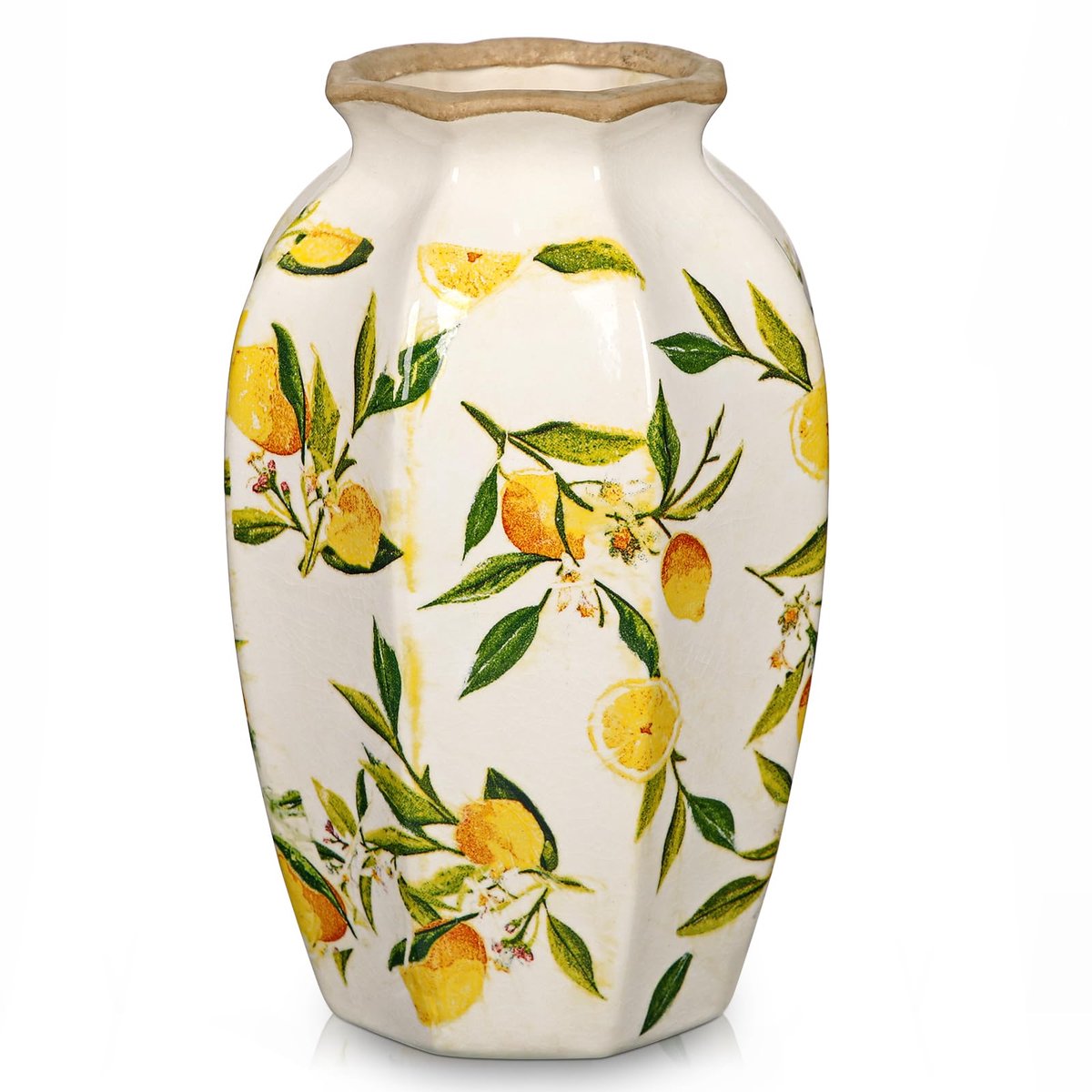 Vaas met citroenpatroon, tafelvaas van keramiek voor decoratie woonkamer thuis kantoor, vaas voor pampasgras, rustiek antiek decor, decoratieve vaas in landelijke stijl voor
