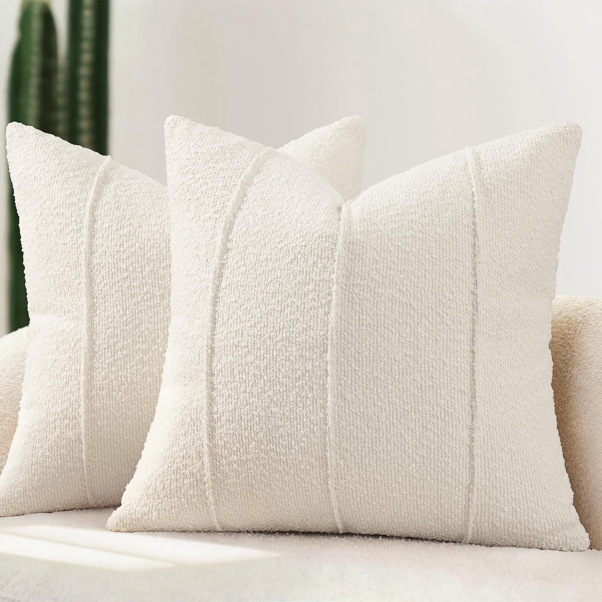 Bouclé Kussensloop 45x45 Set van 2, Zachte Gestructureerde Kussenslopen met Strepen, Moderne en Comfortabele Sierkussens voor Bank, Sofa & Bed, Kussenhoezen voor Woonkamer, Crème