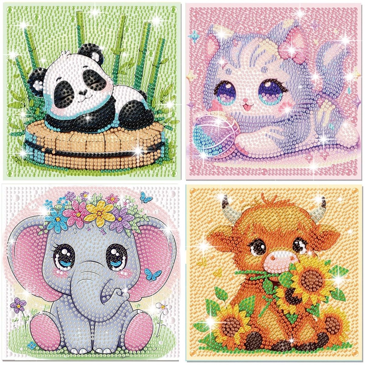 Art Kits, 4 Pack Diamond Painting Kinderset, Diamant Schilderijen Dieren Afbeeldingen, Diamond Painting Klein voor Kinderen & DIY Wanddecoratie