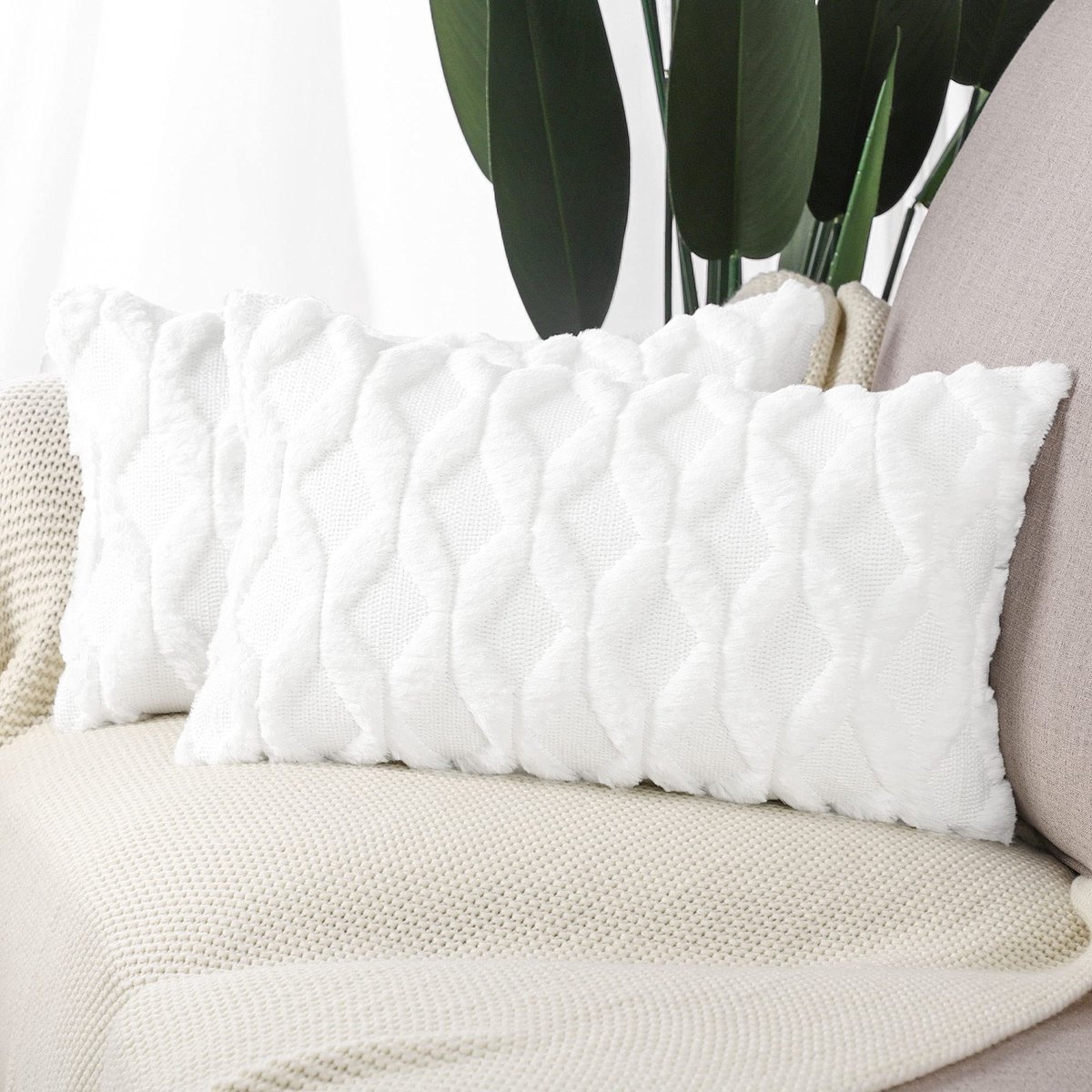 Set van 2 zachte pluche korte wol fluwelen decoratieve Kussenhoezen luxueuze stijl kussenhoes voor bank slaapkamer 40x60 cm Puur Wit